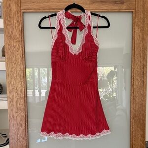 Frankie’s Bikinis Red Polka Dot Halter Dress with Lace Trim